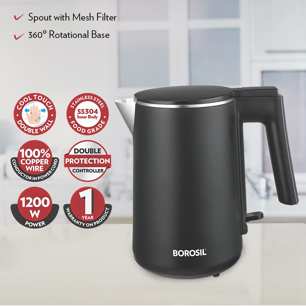 Borosil Cooltouch Electric Kettle, Stainless Steel Inner Body Coffee, Soup, 1 L